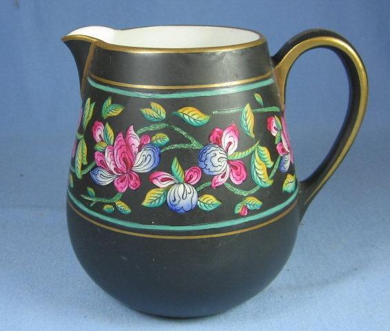 Pottery Porcelain Hand Painted Pitcher - Black with Bright Florals