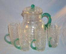 CRACKLE GLASS Lemonade Pitcher with Four Matching Cups