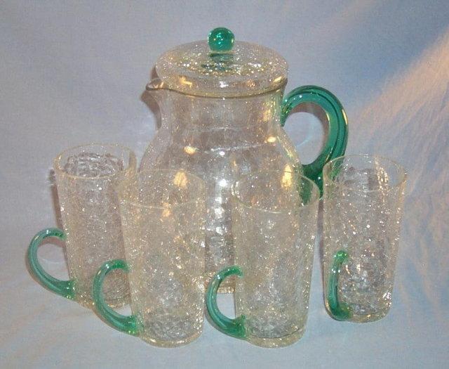 CRACKLE GLASS Lemonade Pitcher with Four Matching Cups