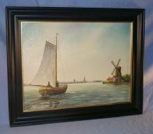 Signed SAILBOAT & WINDMILL Framed Oil Painting - Misc.