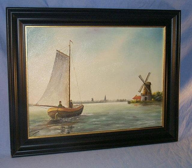Signed SAILBOAT & WINDMILL Framed Oil Painting - Misc.