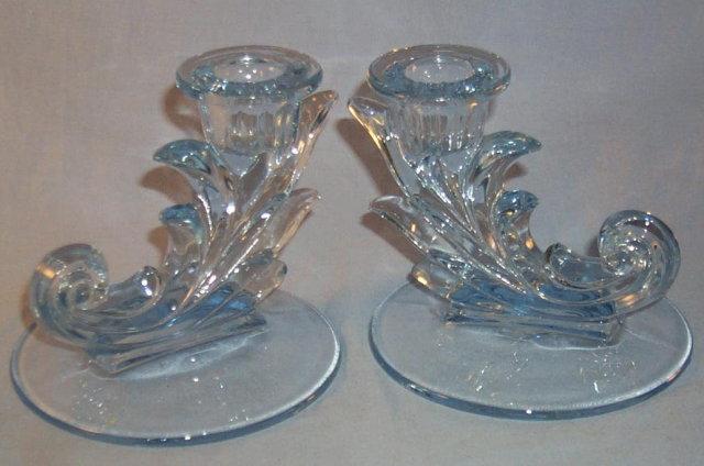 Blue Fostoria BAROQUE Glass Candlesticks
