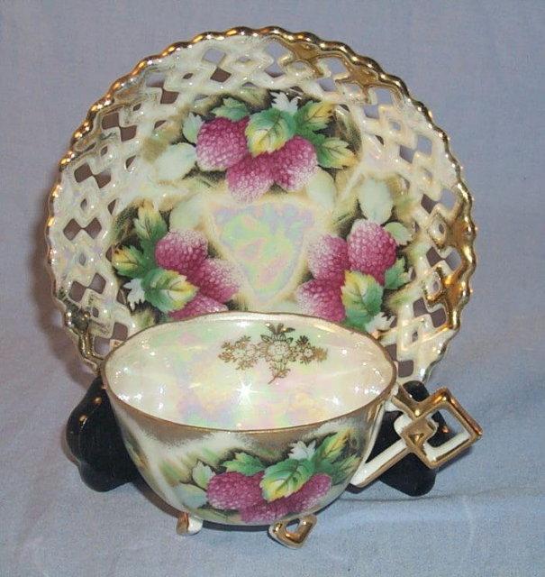 Open Lattice Mother of Pearl / Raspberries Porcelain Cup & Saucer Set