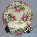 Open Lattice Mother of Pearl / Raspberries Porcelain Cup & Saucer Set
