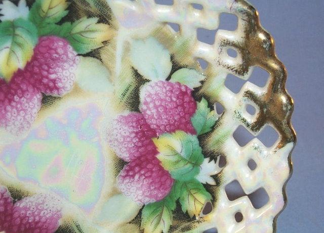 Open Lattice Mother of Pearl / Raspberries Porcelain Cup & Saucer Set