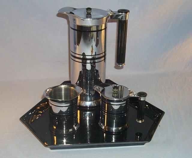 Sunbeam ART DECO Design Stainless Steel Coffee Pot Set on Porcelain Tray - Silver