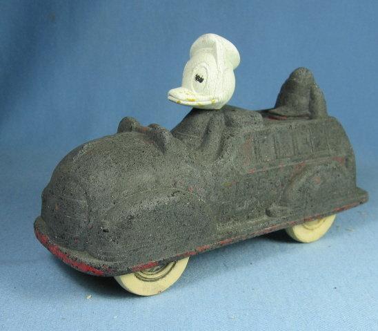 Vintage Hard Rubber Toy ~ Mickey Mouse FIRE DEPT Truck with Donald Duck Driver - Vintage Walt Disney Toy