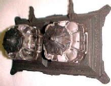 Bronzed Cast Iron Base Double Pen Rest Double Inkwell - Metalware