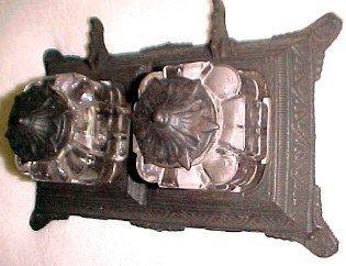 Bronzed Cast Iron Base Double Pen Rest Double Inkwell - Metalware