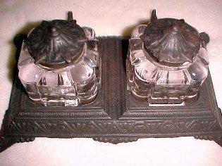 Bronzed Cast Iron Base Double Pen Rest Double Inkwell - Metalware