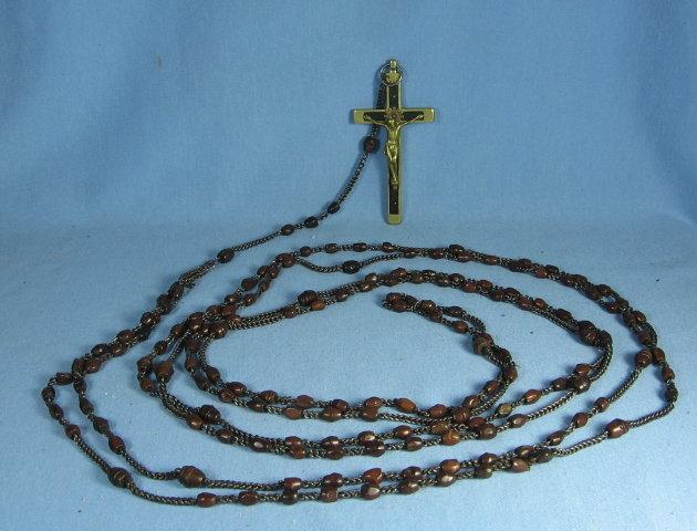 RARE 15 Decade Circa 1910 Wood Devotional Rosary EBONY & BRASS Cross ~ Nun Habit