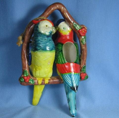 Vintage Pottery Double PARROT Hanging Basket