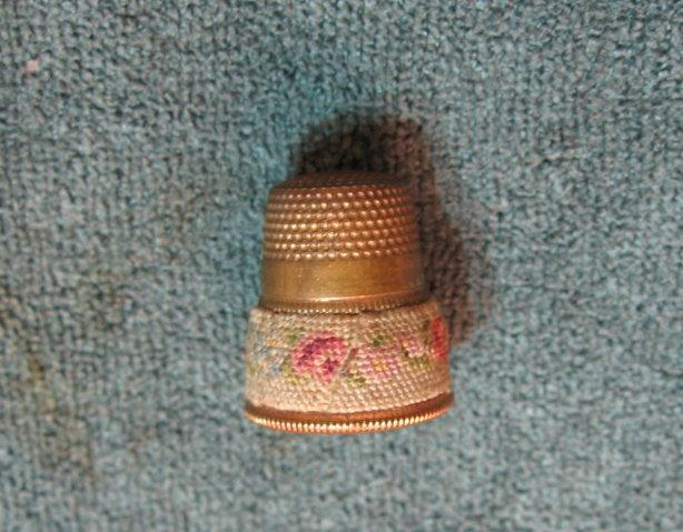 Brass and NEEDLEPOINT Sewing Thimble - textile