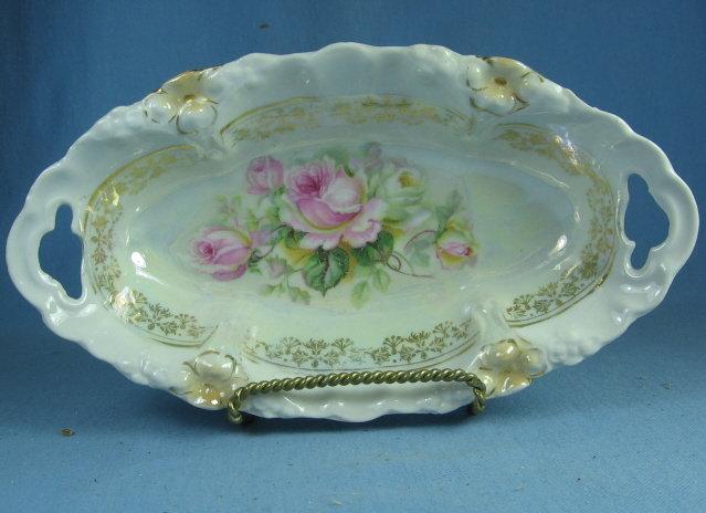 German Porcelain Luster Lustre Pierced Handle RELISH DISH Bowl
