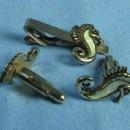 Vintage MOP SEA HORSE Cuff Link & Tie Bar Set - Estate Jewelry