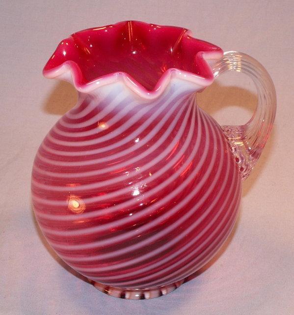 Cranberry Opalescent Swirl Glass Pitcher