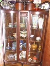 Double Curved Glass Oak CORNER China Cabinet with Griffin Gallery & Claw Feet - Victorian Furniture