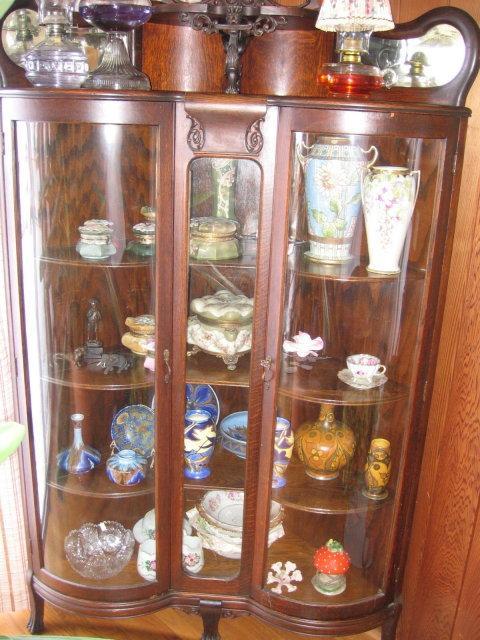 Double Curved Glass Oak CORNER China Cabinet with Griffin Gallery & Claw Feet - Victorian Furniture