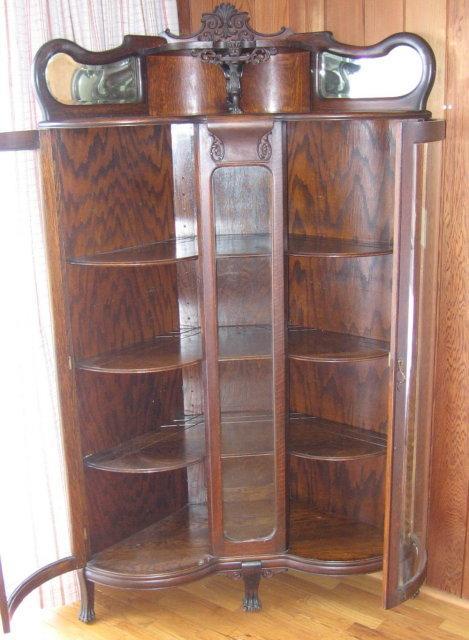 Double Curved Glass Oak CORNER China Cabinet with Griffin Gallery & Claw Feet - Victorian Furniture