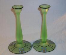 Set Satin Green EGYPTIAN Motif Glass Candlesticks