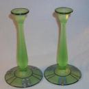 Set Satin Green EGYPTIAN Motif Glass Candlesticks