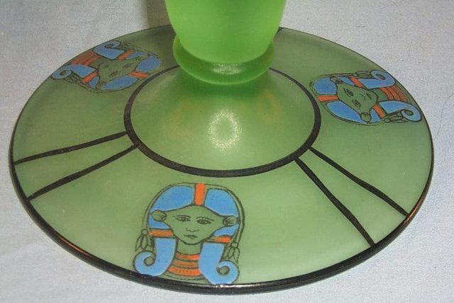 Set Satin Green EGYPTIAN Motif Glass Candlesticks