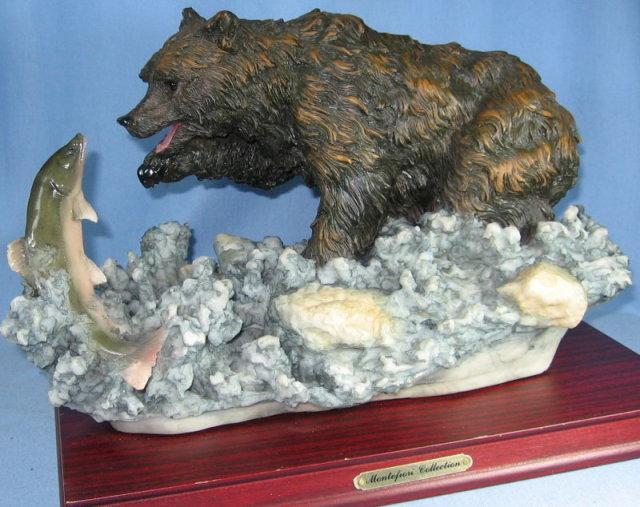 Brown BEAR & Salmon FISH Sculpture - Montefiori Collection Limited Edition for your Cabin, Lodge, Sporting Hunting Den