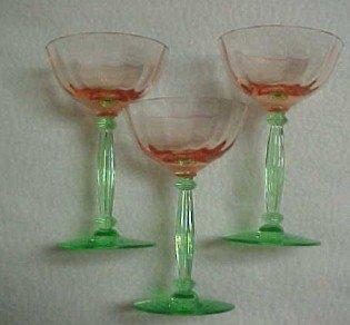 Cambridge Pair Vaseline and Pink Wine Glasses - Glass