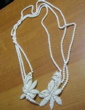 Costume Jewelry Opera Length Faux PEARL Necklace with Beaded FLOWERS - Vintage Costume Jewelry