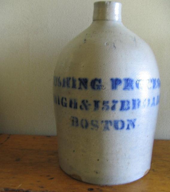 Saltglaze Blue ADVERTISING 3 gallon Jug - THE CUSHING PROCESS CO. BOSTON - Antique stoneware pottery