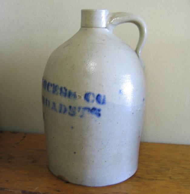 Saltglaze Blue ADVERTISING 3 gallon Jug - THE CUSHING PROCESS CO. BOSTON - Antique stoneware pottery