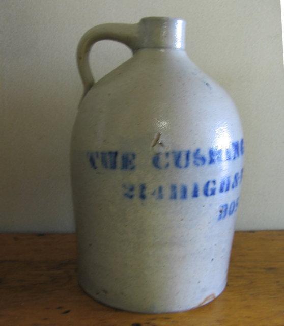 Saltglaze Blue ADVERTISING 3 gallon Jug - THE CUSHING PROCESS CO. BOSTON - Antique stoneware pottery