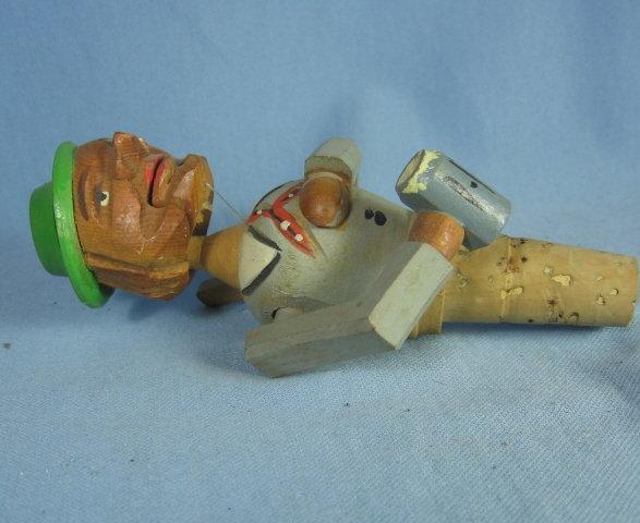 Anri Mechanical MAN Corker Bottle Stopper - Antique Carved Wood Folk Art