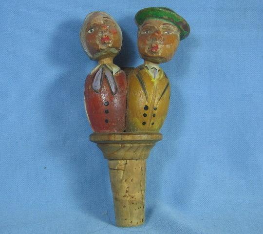 Anri Mechanical MAN & WOMAN KISSERS Corker Bottle Stopper - Antique Carved Wood Folk Art