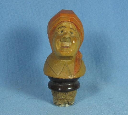 Anri type WOMAN Corker Bottle Stopper - Antique Carved Wood Folk Art