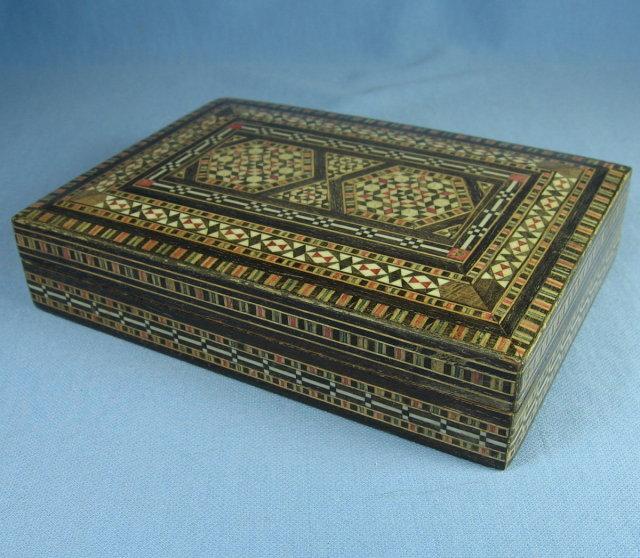 Vintage MOP * Wood * Bone Inlay Marquetry Cigarette Box - Tobacciana