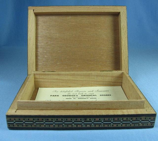 Vintage MOP * Wood * Bone Inlay Marquetry Cigarette Box - Tobacciana