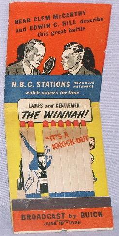 BUICK 1936 Joe Louis/Max Schneling Boxing Match Book of Matches - Advertising