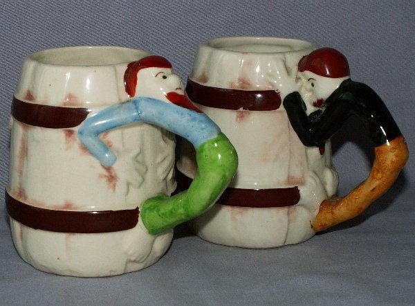 2 Occupied Japan Cowboy Handled Porcelain Mugs
