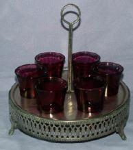 Six Cranberry Whiskey Glasses in Metal Carrier - Metalware