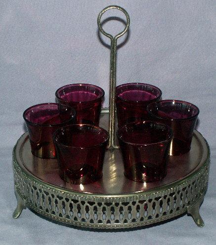 Six Cranberry Whiskey Glasses in Metal Carrier - Metalware