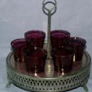 Six Cranberry Whiskey Glasses in Metal Carrier - Metalware