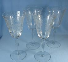 Elegant Etched Glass STEMWARE Group - Four (4) WINE GLASSES