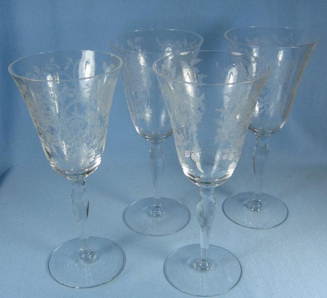 Elegant Etched Glass STEMWARE Group - Four (4) WINE GLASSES
