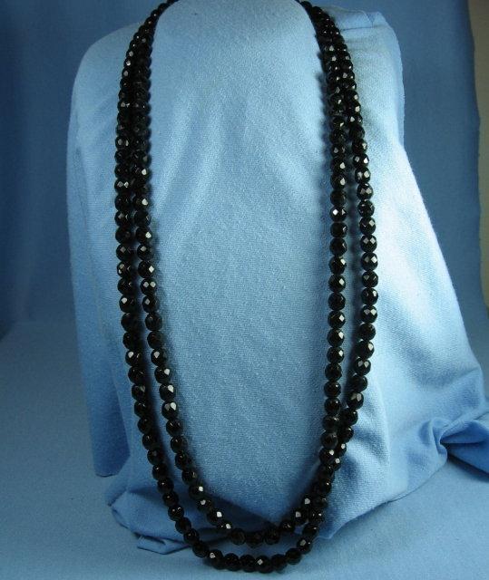 BLACK Faceted Crystal OPERA Length Necklace - Vintage Jewelry