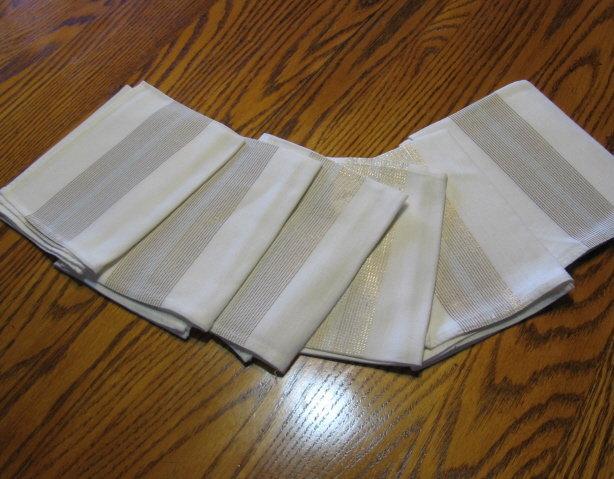 Antique Gold & Silver Thread Linen NAPKIN 6 pc Group - Vintage Textile