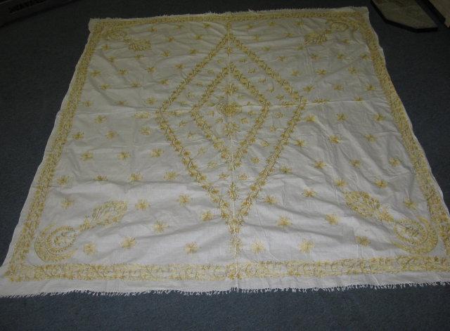 Fancy Gold Embroidered Needlepoint Linen Summer BEDCOVER or TABLECLOTH - Vintage Textile