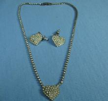 Rhinestone HEART Necklace & Earrings - Antique Estate Costume Jewelry