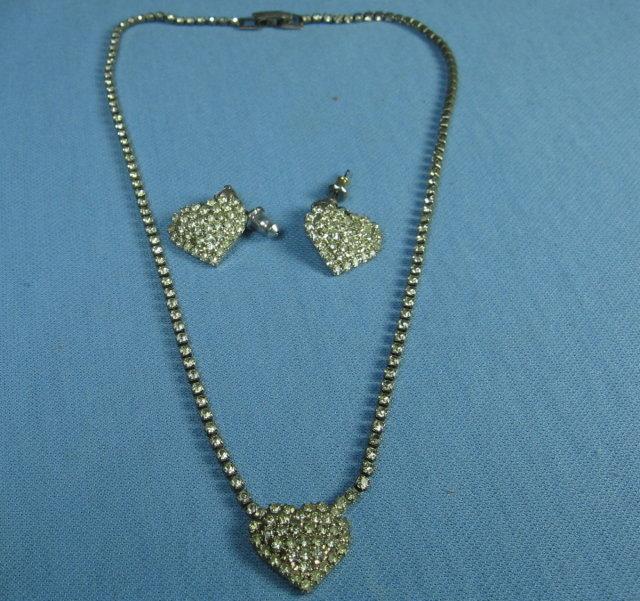 Rhinestone HEART Necklace & Earrings - Antique Estate Costume Jewelry