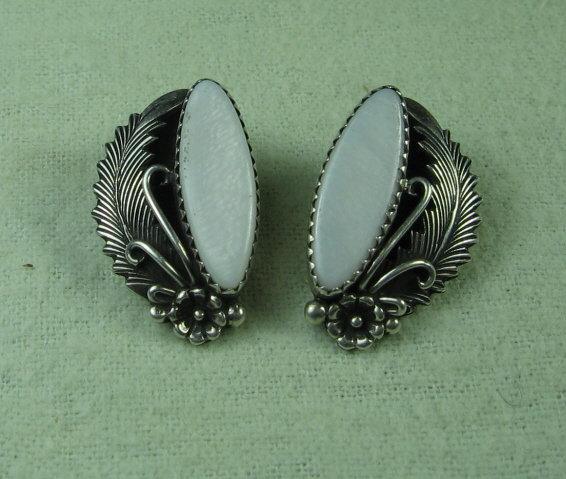 Navajo Indian Sterling Silver & MOP Earrings - Antique Ethnographic Jewelry